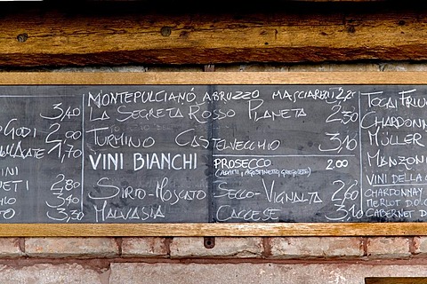 Wineboard in the Osteria BancoGiro bar, Venice, Venezia, Italy, Europe