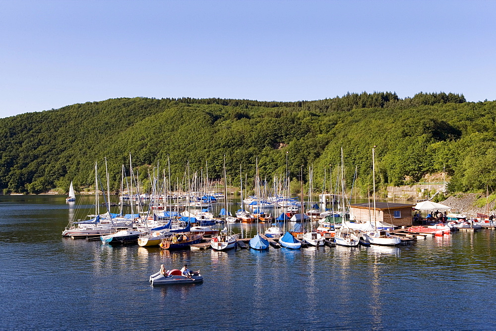 Boats docked at the marina Schwammenauel, Rurtalsperre, Eifel, North Rhine-Westphalia, Germany, Europe