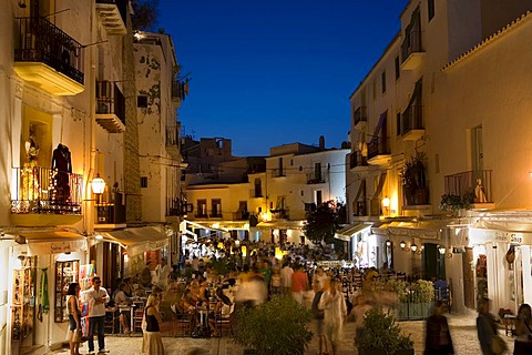 Illuminated restaurants in the historic city Dalt Vila, Ibiza, Balearic Islands, Spain, Europe