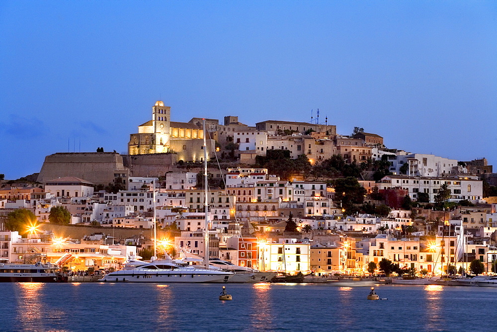 View over the harbour of the illuminated historic centre of Dalt Vila, Ibiza, Balearic Islands, Spain, Europe