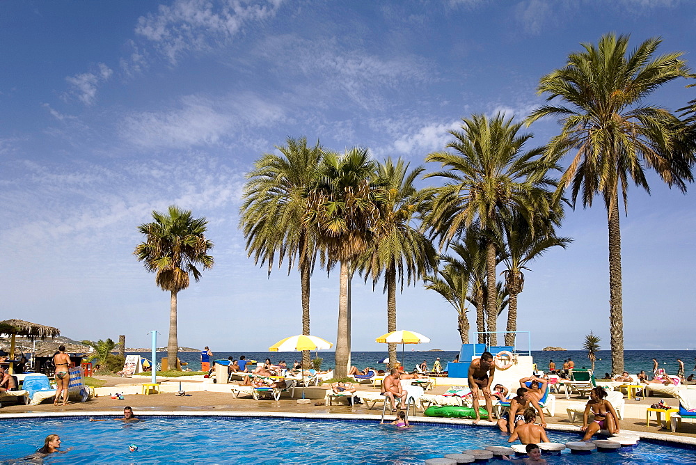 Swimming pool and a beach, Platja den Bossa, Ibiza, Balearic Islands, Spain, Europe