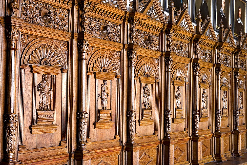 Carvings on the walls of Friedenssaal, peace hall in the city hall, Muenster, North-Rhine Westphalia, Germany, Europe