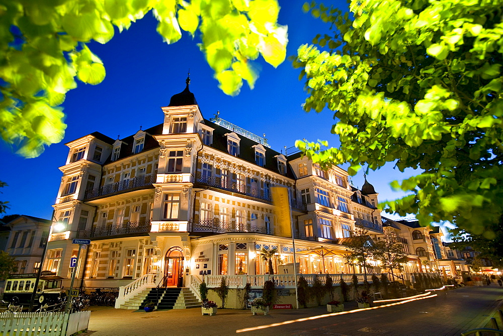 Illuminated Ahlbecker Hof hotel, Ahlbeck, Usedom, Baltic Sea, Mecklenburg-Western Pomerania, Germany, Europe
