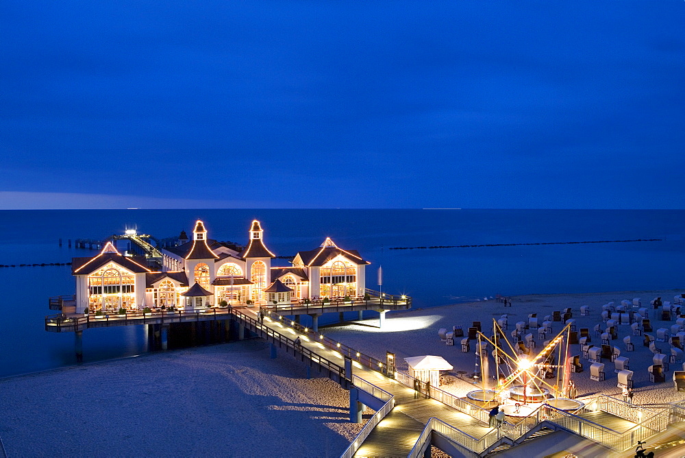 Pier under evening lights, Sellin, Ruegen, Baltic Sea, Mecklenburg-Western Pomerania, Germany, Europe