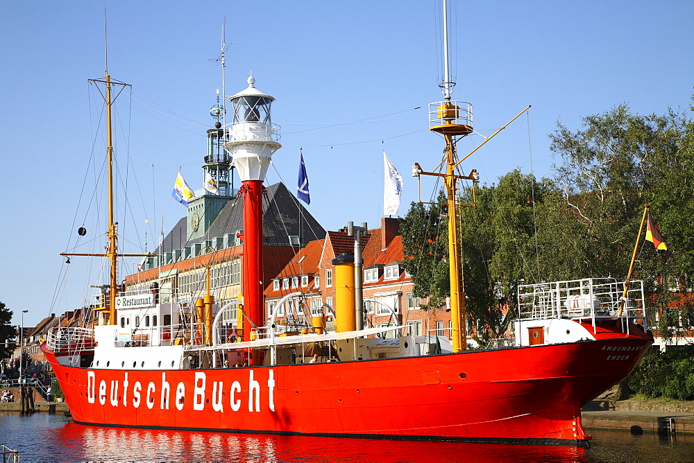 Town Hall, Deutsche Bucht fire ship, Emden Harbour, Lower Saxony, Germany, Europe