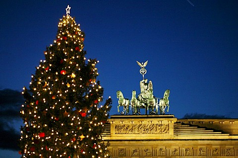 Brandenburger Tor Brandenburg gate with Quadriga with christmas tree Berlin Germany