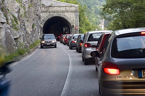 Traffic jam in front of a tunnel, Lake Como, Italy