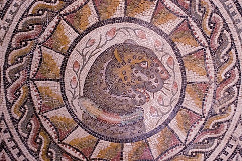 Famous mosaic in the museum of Sabrata, Libya