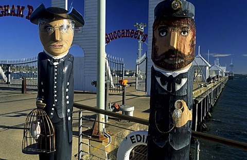 Bollards of artist Jan Mitchell at the seaside promenade, waterfront, of Geelong, Victoria, AUS