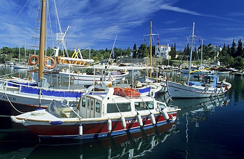 Ships and boats in the harbour of Spetses, saronian islands, Greece