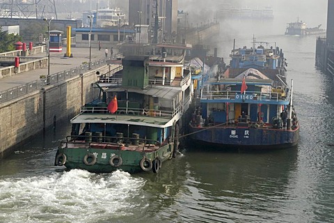 Cargoships on the Jangzi River in the Gezhouba locks near Yichang, China