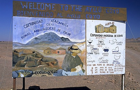 Advertisement sign of the indian village of Coyo, Salar de Atacama, Chile