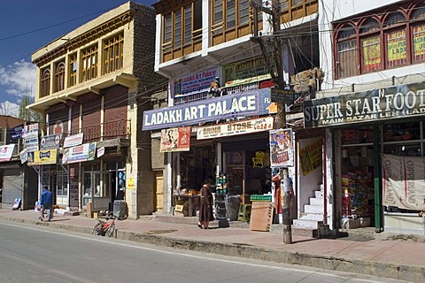 Streetscape in the bazar area of Leh, Ladakh, Jammu and Kashmir, India