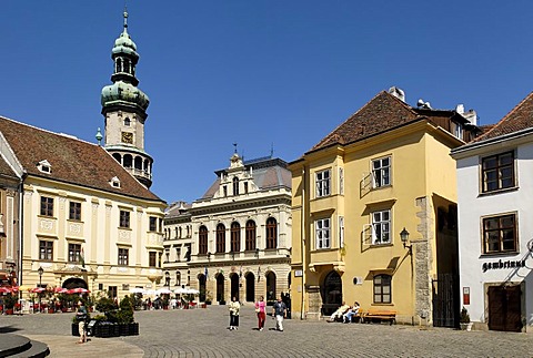 City square Foe ter with fire tower, historic old town of Sopron, Hungaria