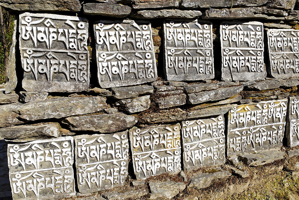 Painted Mani wall, Mani stone, Dudh Kosi valley, Solukhumbu, Khumbu, Sagarmatha National Park, Nepal