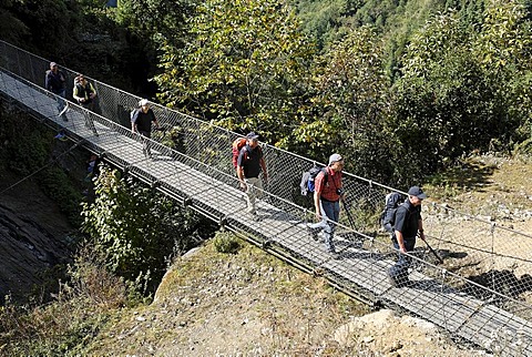 Swing bridge made of steel over Dudh Koshi river, Solukhumbu, Khumbu, Mount Everest region, Nepal