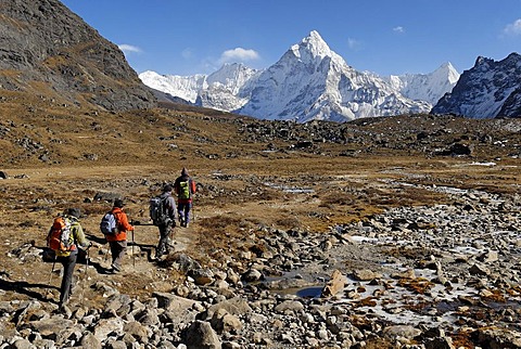 Trekking group at Chola Khola valley near Dzonglha in front of Ama Dablam (6856), Sagarmatha National Park, Khumbu Himal, Nepal