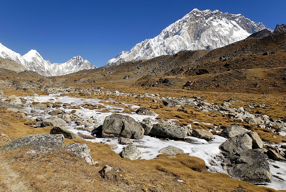 Valley with Khumbu glacier and Nuptse (7861), Khumbu Himal, Sagarmatha National Park, Nepal