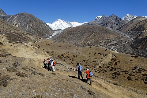 Trekking group on the way to Gokyo with Cho Oyu (8201), Sagarmatha National Park, Khumbu Himal, Nepal