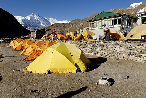 Trekking lodge at Gokyo with Cho Oyu (8201), Sagarmatha National Park, Khumbu Himal, Nepal