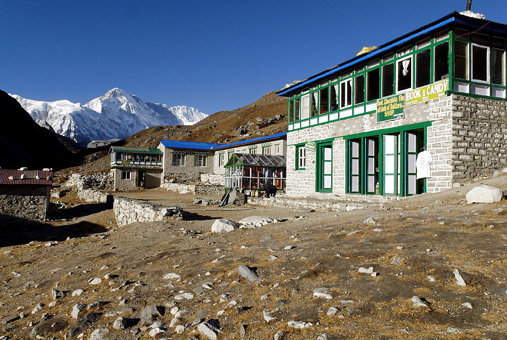 Trekking lodge at Gokyo with Cho Oyu (8201), Sagarmatha National Park, Khumbu Himal, Nepal