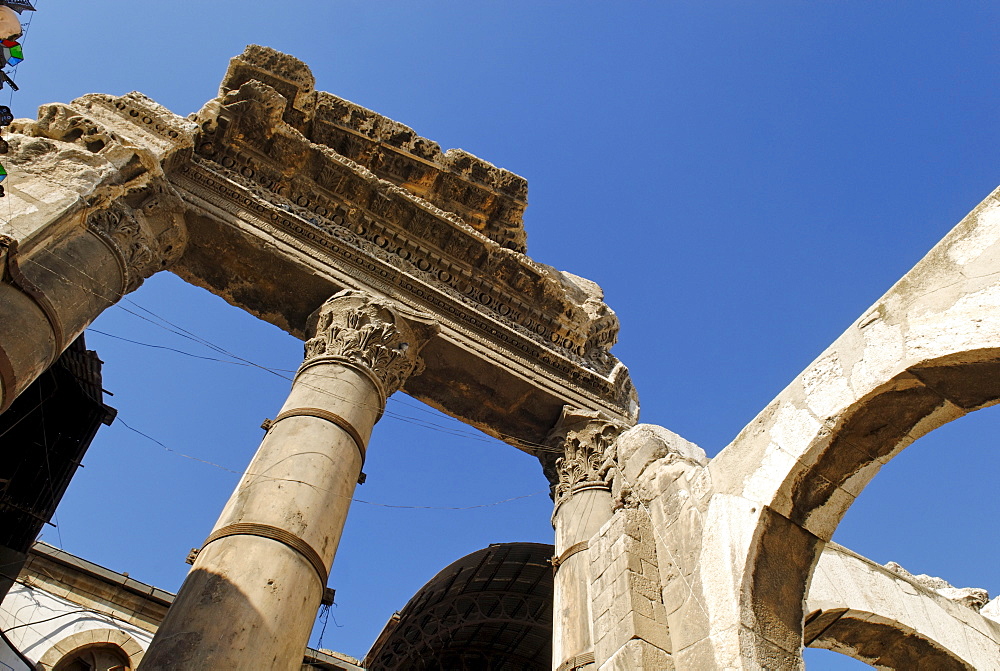 Parts of an antique temple in front of the Omayyad Mosque, Damascus, Syria