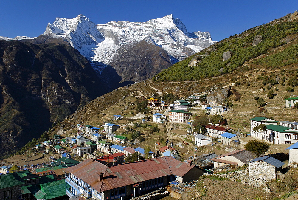 View over Namche Bazar towards Kongde Ri group (6187), Sagarmatha National Park, Khumbu, Nepal