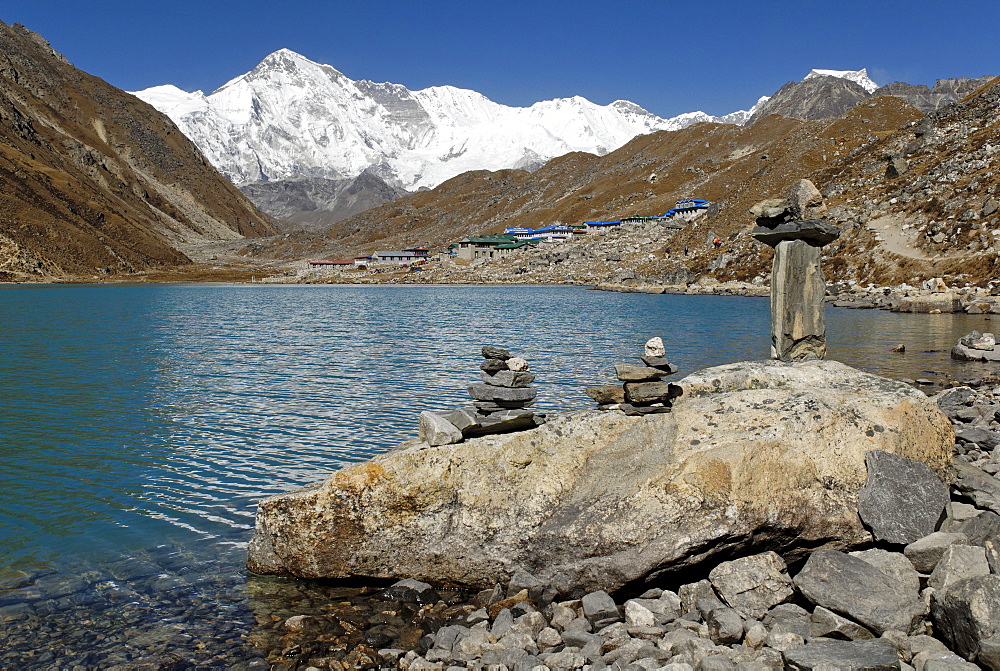 Holy lake Dudh Pokhari near Gokyo with Cho Oyu (8201), Sagarmatha National Park, Khumbu Himal, Nepal