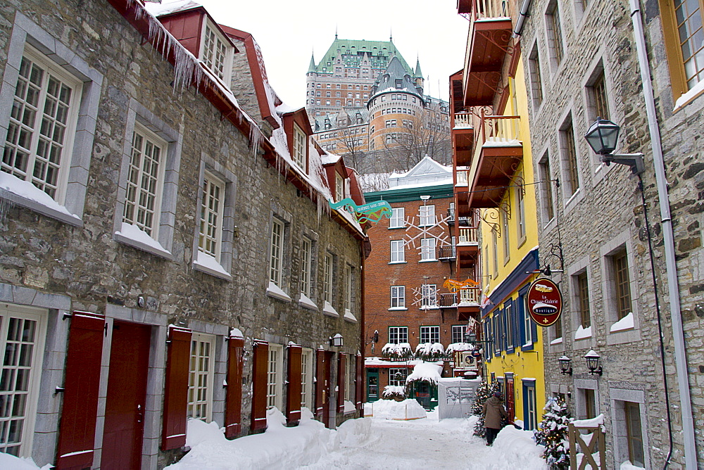 An alleyway with view of Chateau Frontenac, Quebec City, Quebec, Canada