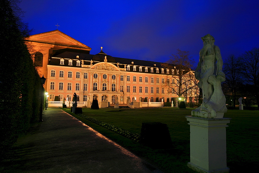 Constantine Basilica and Palace of the Prince Elector viewed from the statues in the palace garden, Roman town Trier, Rhineland-Palatinate, Germany, Europe