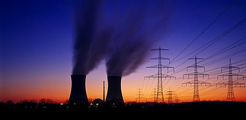 Nuklear power station in the evening, Grafenrheinfeld, Unterfranken, Bavaria, Germany