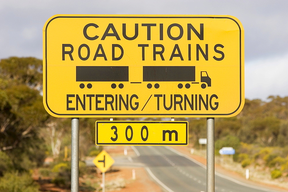 Warning sign (Caution Road Trains), Western Australia, WA, Australia