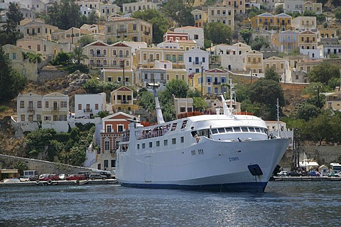 Ferry boat in the Port of the Isle of Symi near Rhodes, Greece, Europe