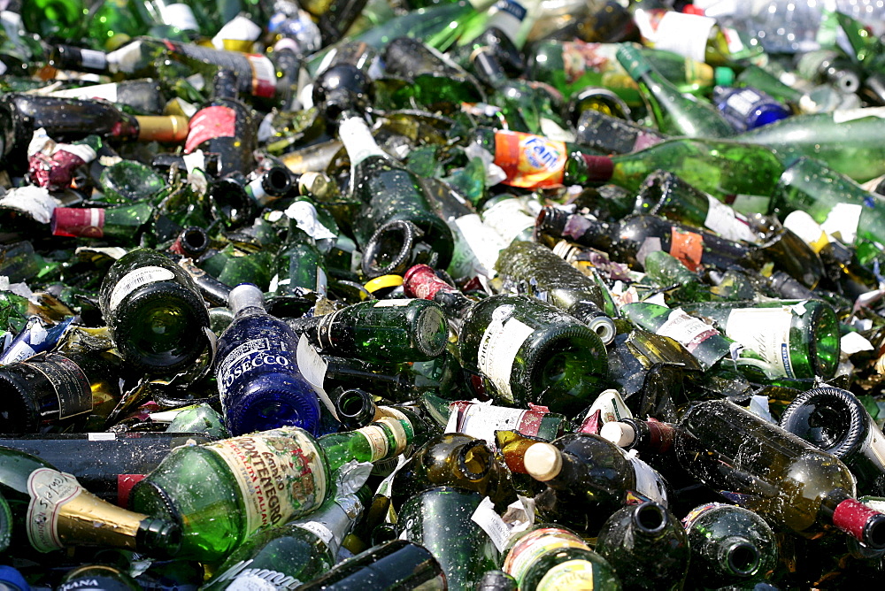 Unsorted old glass of various colours in a recycling centre near Rosenheim, Bavaria, Germany, Europe