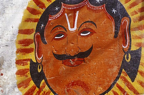 Wallpainting, face with vaishnava Tika ( Suriya / sun ), Varanasi, U.P. ( Uttar Pradesh ), India