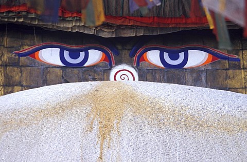 Detail of the great Stupa of Bodnath, ( Buddhas all-seeing eyes ) Bodhnath, Nepal