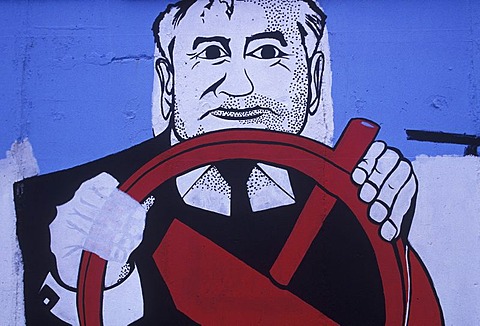 "East Side Gallery", Gorbatschow at a hammer and sickle steering wheel, Berlin wall, Berlin, Germany, Europe