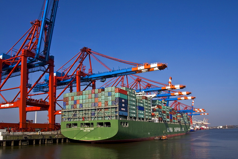 Container ships at the Eurokai container terminal, Hamburg Harbour, Germany, Europe