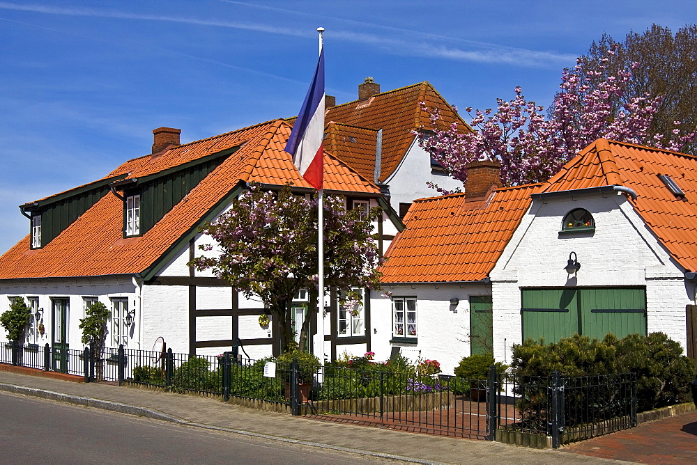 Historic timber-framed houses in Arnis on the Schlei River, flag of Schleswig-Holstein, Bad Arnis, Schleswig-Holstein, Germany, Europe