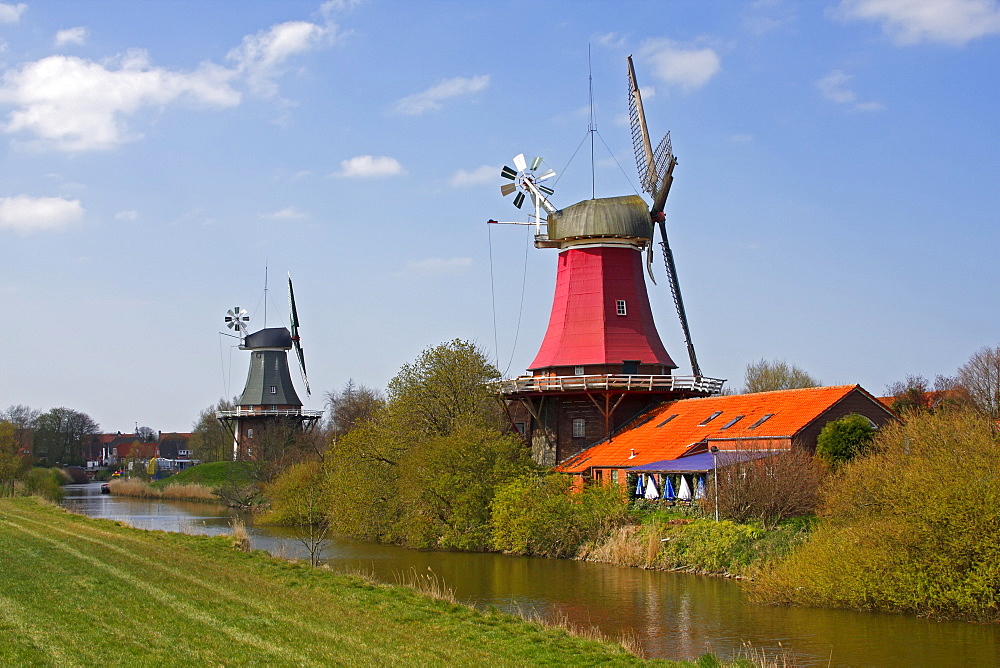 Twin mills in Greetsiel, windmill, built in the style of a two-storey Dutch gallery windmill with a wind rose, Krummhoern Greetsiel, Eastern Frisia, Lower Saxony, Germany, Europe