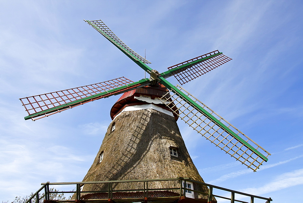 One-storeyed Galeriehollaender Windmill, historic windmill named Lindaumuehlenholz in Boren-Lindau on the Schlei River, Schleswig-Holstein, Germany, Europe