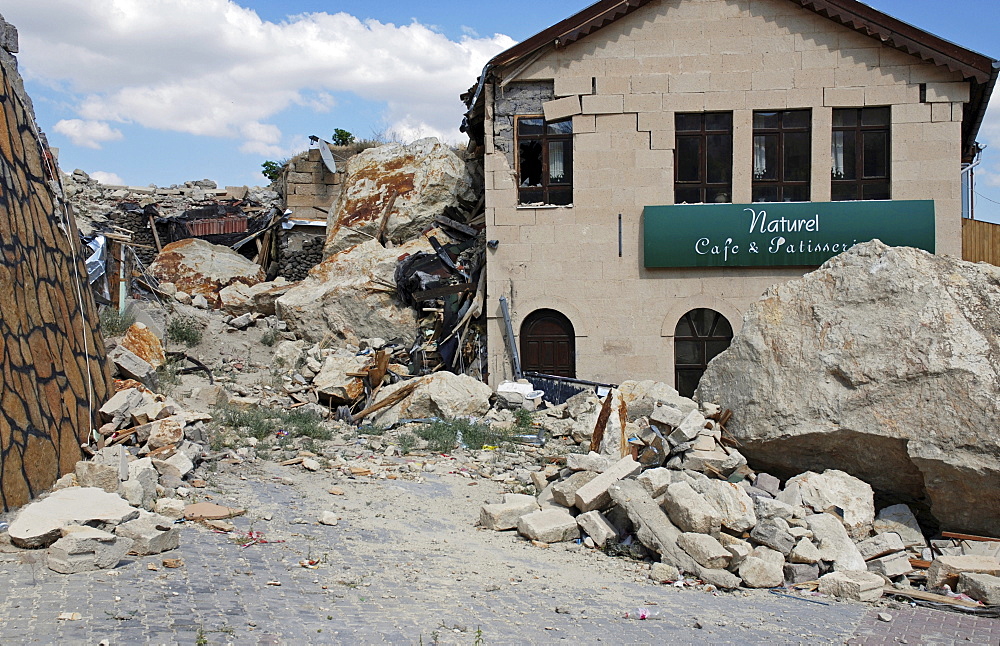 Stone-avalanche, damaged cafe, Uerguep, Cappadocia, Turkey