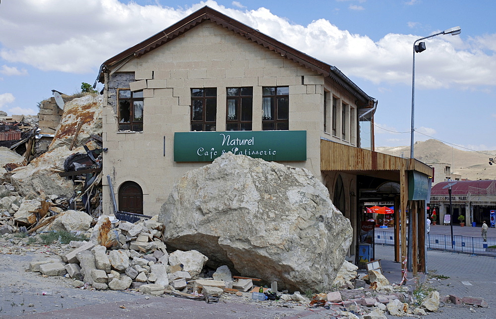 Stone-avalanche, damaged cafe, Uerguep, Cappadocia, Turkey