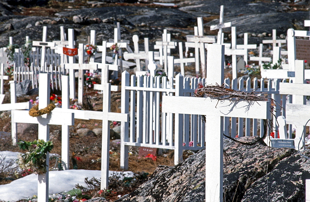 Cemetery with simple white wooden crosses, Ilulissat, Greenland