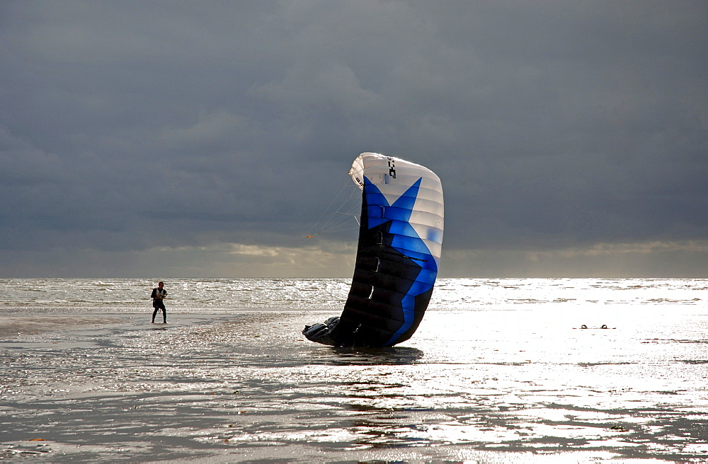 Kite surfer at the beach, St Peter Ording, Schleswig-Holstein, Germany