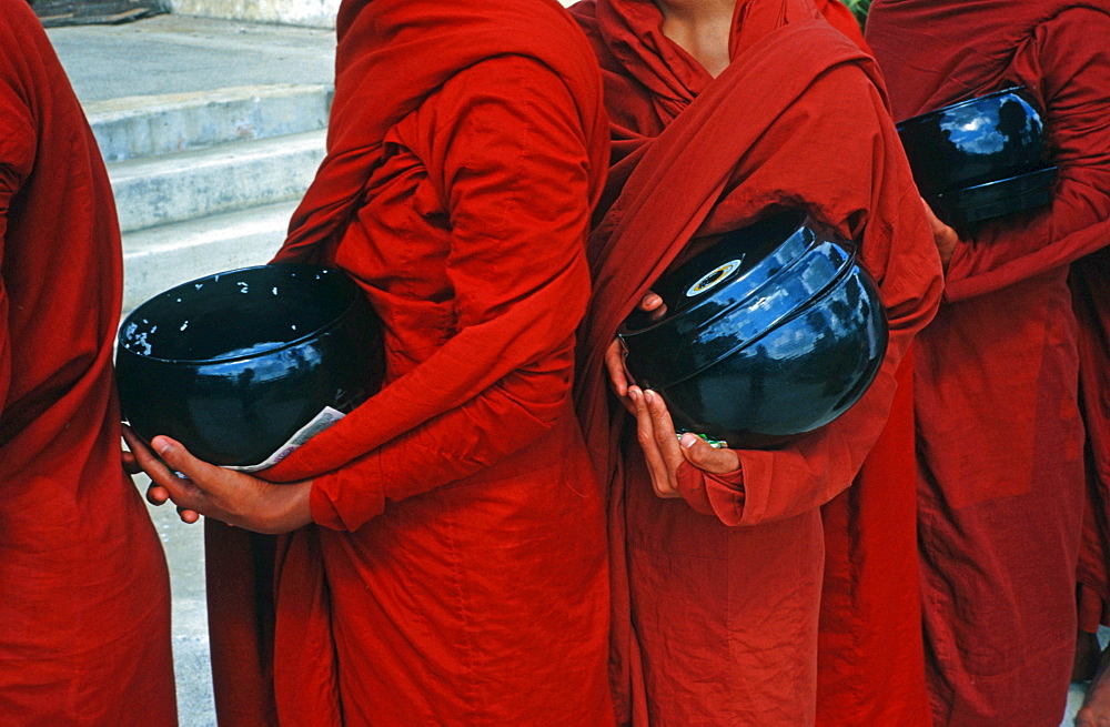 Begging monks with bowls, Burma, Asia