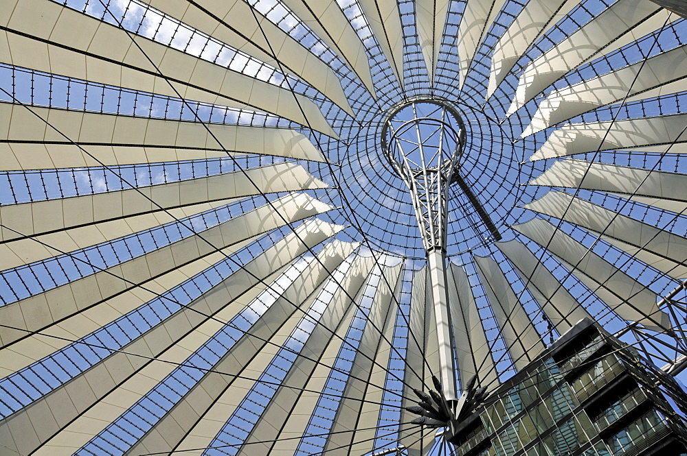 A fanned out tent roof made of fabric and fastened with tie rods to a steel ring, Sony Center, Potsdamer Square, Berlin, Germany, Europe