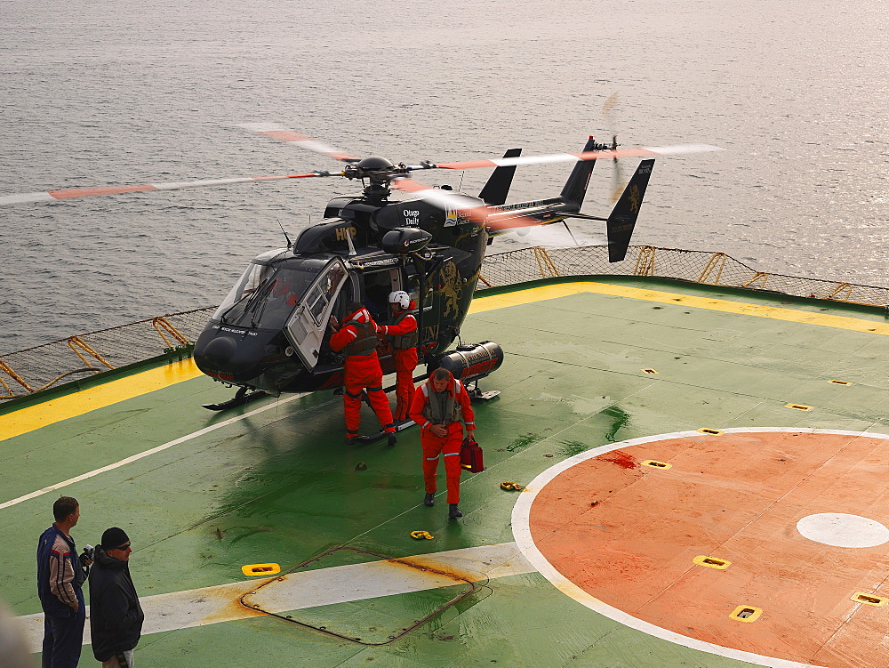 Rescue helicopter landing on Capt. Khlebnikov icebreaker near Enderby Island, Auckland Islands Archipelago, New Zealand, Oceania