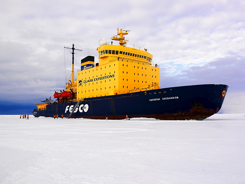 The Captain Khlebnikov icebreaker moored in ocean ice in McMurdo Sound, Antarctica