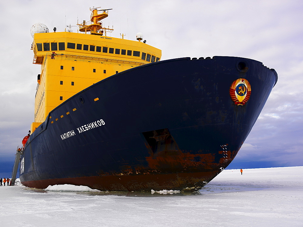 The Captain Khlebnikov icebreaker moored in ocean ice in McMurdo Sound, Antarctica